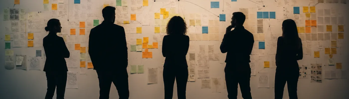 Fünf Silhouetten von Führungspersönlichkeiten vor einer Wand mit Notizen, aus denen sich wiederkehrende Muster herauslesen lassen