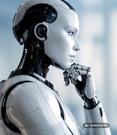 Denken und Sprechen sind kein Monopol mehr Ein humanoider Roboter stützt in nachdenklicher Haltung das Kinn auf die Hand, KI-generiertes Bild