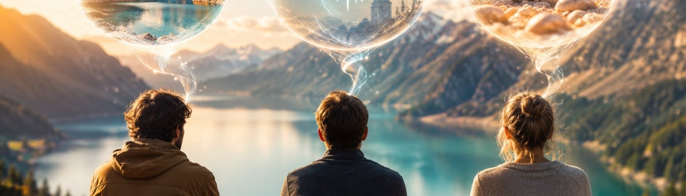 Drei Menschen sitzen nebeneinander an einem Bergsee, über ihnen drei Gedankenblasen mit einem Bergpanorama, einer Klangwelle und warmen Steinen
