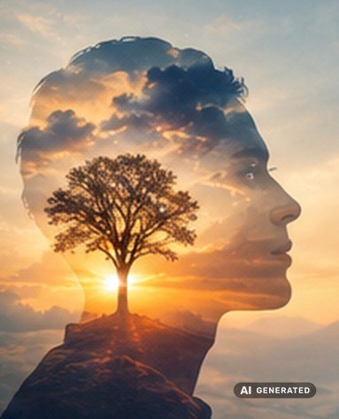 Was bleibt, wenn man alles Machbare abzieht Das Profil eines Menschen, in dem sich ein Baum vor einem Sonnenaufgang abzeichnet, KI-generiertes Bild